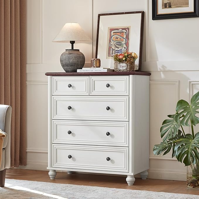 Farmhouse 5 Drawer Dresser for Bedroom Set of 2, 35.5" Tall Small Dressers & Chest of Drawers, Rustic Wood Dresser with Roman Column, Storage Organizer for Living Room, Hallway, Closet (White)