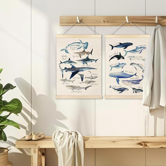 Ecezatik Whale Wall Art Set of 2, Whale Posters, Hanging Wall Art Decor for Classroom, Nursery, Kids Room, Playroom, Beach, Ocean Room Decor, 12x16 Inch