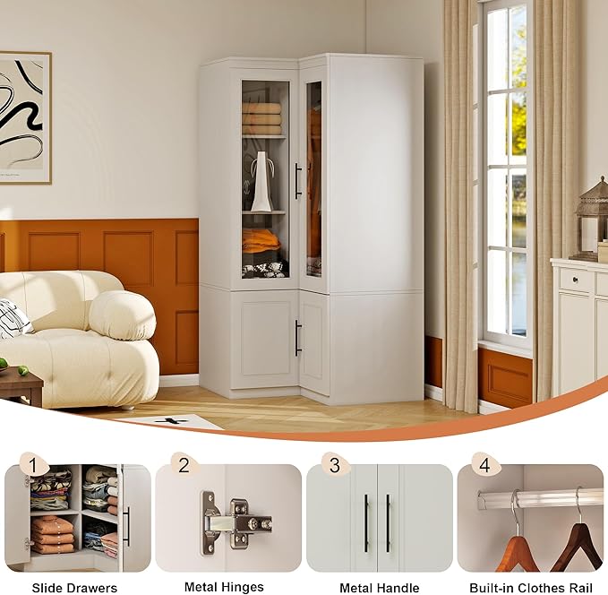 Corner Armoire Wardrobe Closet with Glass Door, Wood Wardrobe Closet Cabinet Bedroom Armoire with Hanging Rods for Home/Bedroom/Living Room White-53