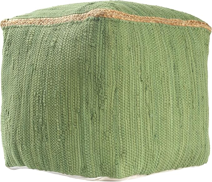 LR Home Green Bordered Hand-Loomed Cotton Blend Cube Pouf with Jute Braid for Home Decor | Transitional Foot Rest for Bedroom & Living Room | 18 x 18 x 18 Stuffed Ottoman Ottoman