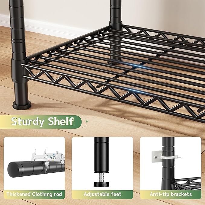 Raybee Heavy Duty Clothes Rack Load 800 LBS, Adjustable Clothing Racks for Hanging Clothes, Clothing Rack with Shelves for Bedroom,Basement 56''W x 15.7''D x 75.4''H, Black