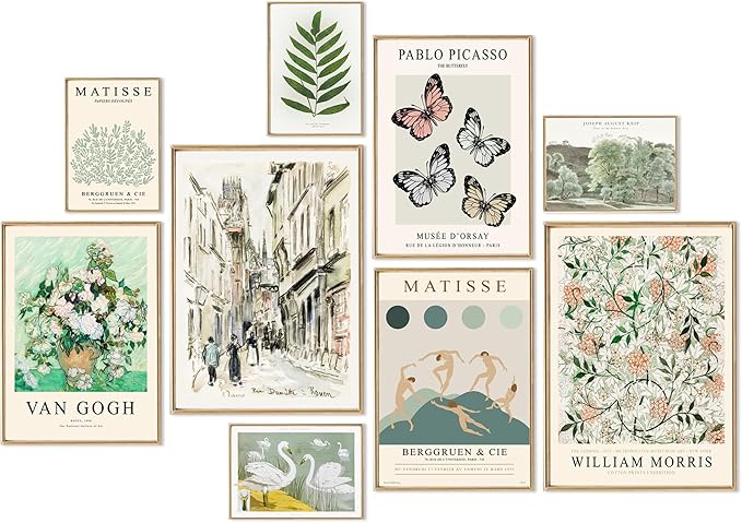 uniro Sage Green Eclectic Wall Art Prints, 9 Pcs Matisse Wall Art Exhibition Posters for Room Aesthetic, Van Gogh William Morris Matisse Picasso Green Eclectic Gallery Wall Decor, Maximalist Canvas