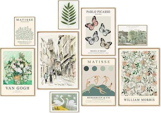 uniro Sage Green Eclectic Wall Art Prints, 9 Pcs Matisse Wall Art Exhibition Posters for Room Aesthetic, Van Gogh William Morris Matisse Picasso Green Eclectic Gallery Wall Decor, Maximalist Canvas
