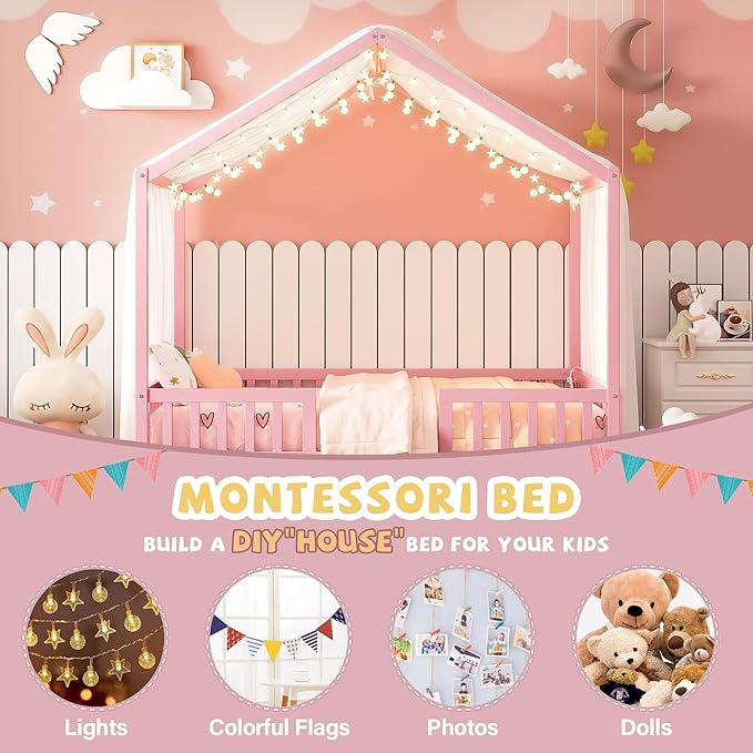 Bellemave Full House BedFrame with Canopy, Montessori Floor Bed, House Bed with Rails for Kids, Pink
