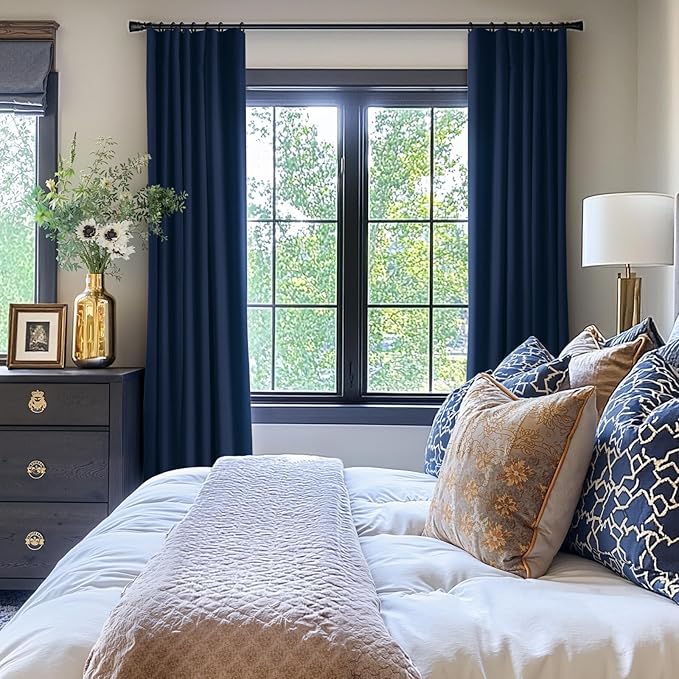 INOVADAY 100% Blackout Curtains for Bedroom, Black Out Curtains 84 Inch Long, Clip Rings Linen Blackout Drapes, Thermal Insulated Room Darkening for Living Room, 2 Panels - Midnight Blue,W50xL84