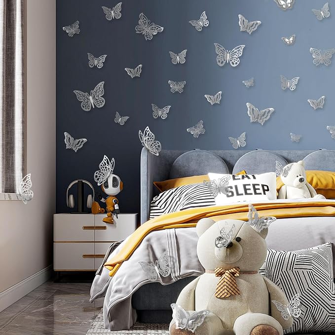 96 Pcs Butterfly Decorations 3 Sizes 4 Styles 3D Butterfly Wall Decor Party Decorations Butterflies for Crafts Birthday & Wedding Celebrations Cake Decorating Balloons Removable Stickers Silver