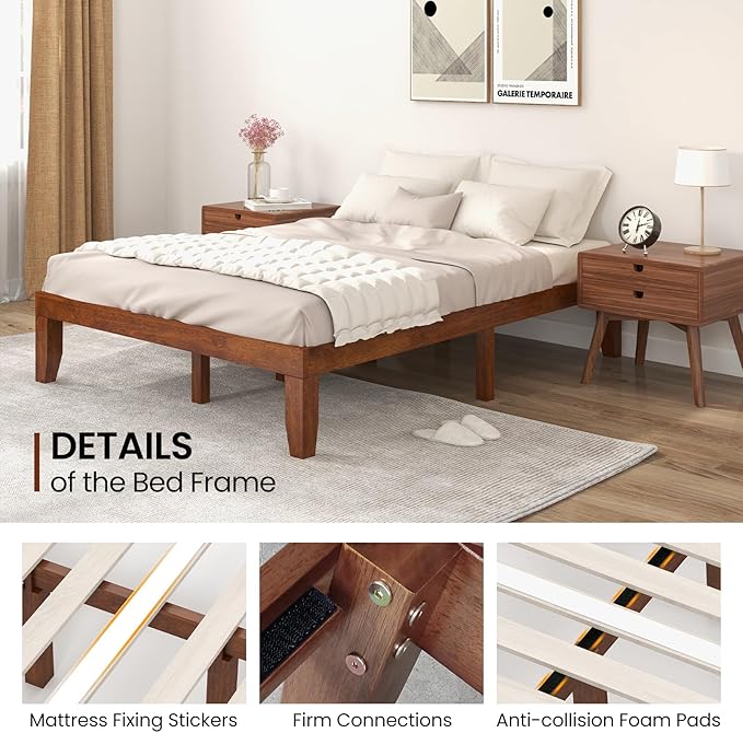 KOMFOTT 14 Inches Wood Platform Bed Frame Full Size, Wooden Mattress Foundation with Rubber Wood Frame, Strong Wooden Slat Support, No Box Spring Needed, Bed Frame (Brown Cherry)