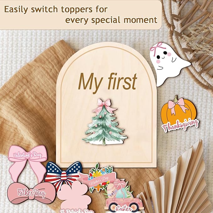 Monthly Baby Milestone Wooden Signs, Double-Sided Bow-Themed Baby Milestone Discs with Hello World & My First Holiday Designs – Cute Baby Announcement Sign & Photoshoot Props for Boys and Girls (Bow)