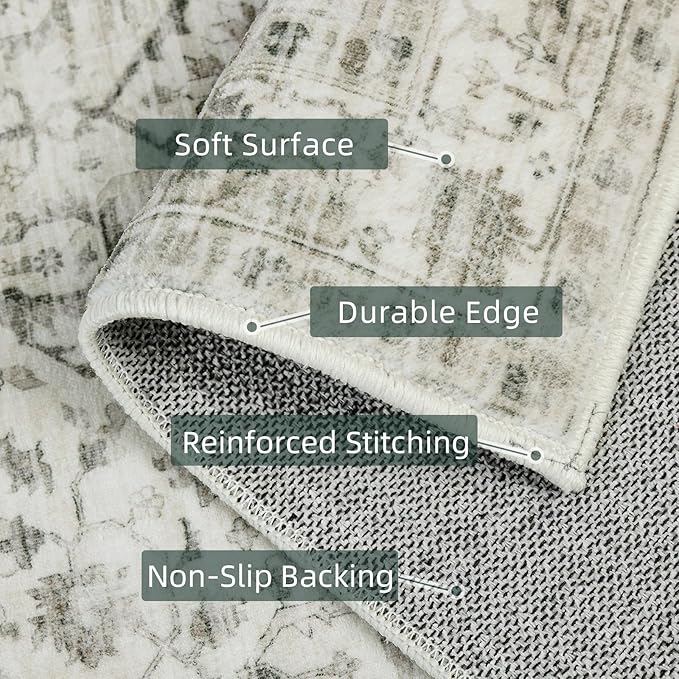 Deerly Area Rug 3x5 Rugs with Non-Slip Backing, Washable 3x5 Rugs for Bedroom Living Room Kitchen Hallway, Distressed Carpet Printed Low-Pile Soft Dorm Rug (Border Cream)