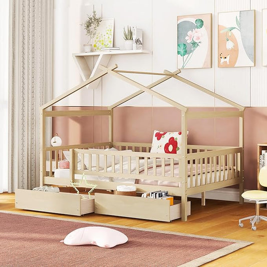 Merax Full Size Wooden House Bed with Two Drawers, Wood Bed Frame with Roof and Safety Guardrail for Kids, Teens, Boys or Girls, Natural