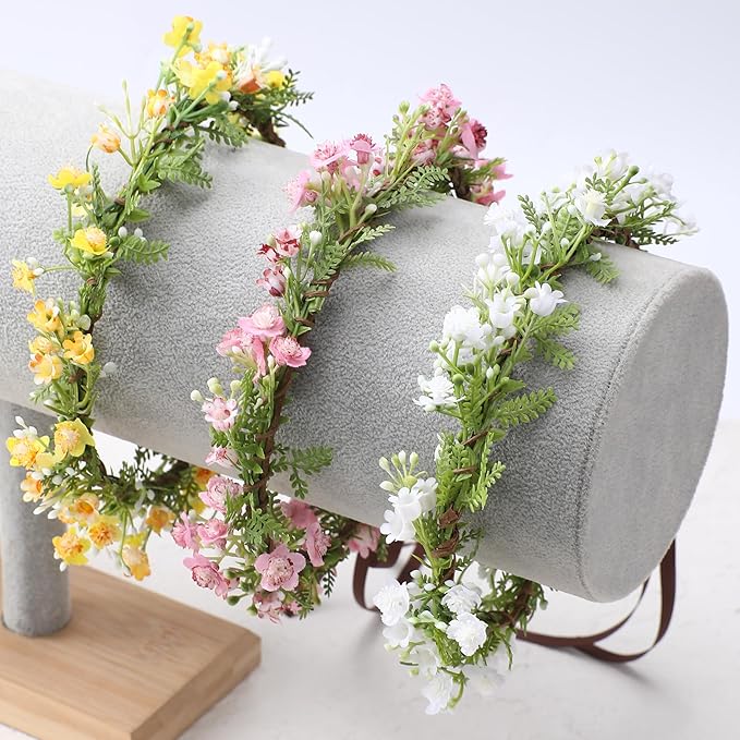 Pink Bohemian Flower Crown - Pink Babys Breath Flower Headband with Green Leaf Bohemian Floral Headpiece Hair Wreath for Women Wedding Halloween Christmas