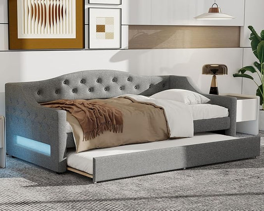 Merax Twin Size Linen Corner Daybed with Trundle and LED Belt, Upholstered Headboard Captain Bed Frames for Small Room, Bedroom, Guest Room, Kids' Room, Grey