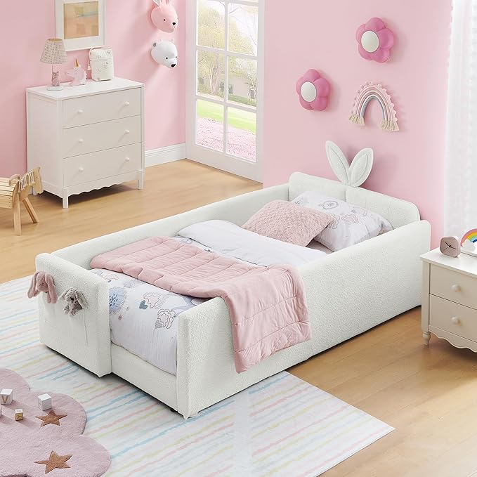 DEINPPA Twin Size Platform Bed Frame with Rabbit Ear Shaped Headboard and Pocket, Boucle Upholstered Bed Frame with Guardrail for Children Kids Boys Girls-Beige