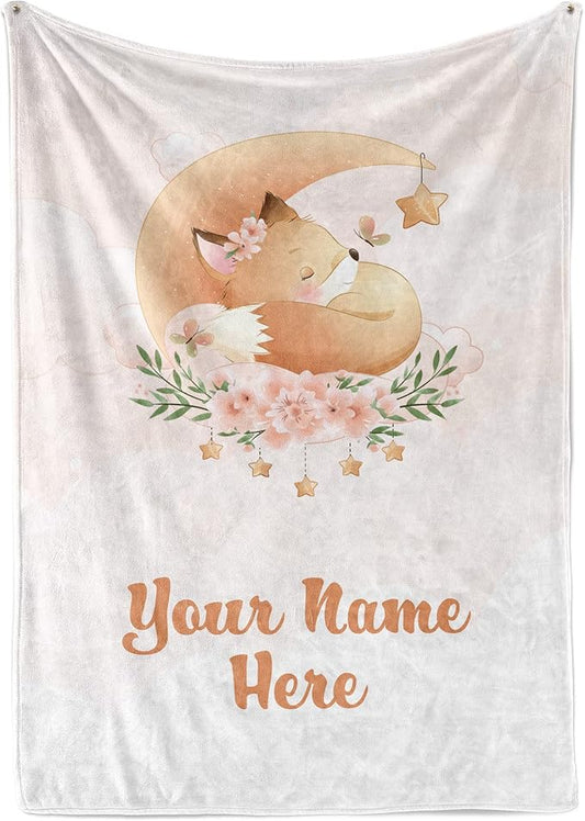 Custom Baby Blankets with Name | Personalized Fox Newborn Blanket for Baby Girl and Baby Boy | Unisex Warm Soft Sherpa Swaddle Blanket Minky | (Fox, Sherpa 50"x60")