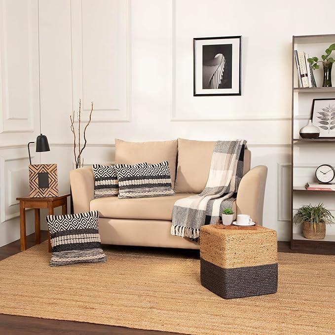 REDEARTH · Cube Pouf Foot Stool Ottoman - Jute Braided Pouffe Poof Accent Sitting Footrest for The Living Room, Bedroom, Nursery, Patio, Lounge & Other Rooms (14.5”X14.5”X16”; Natural Gray)