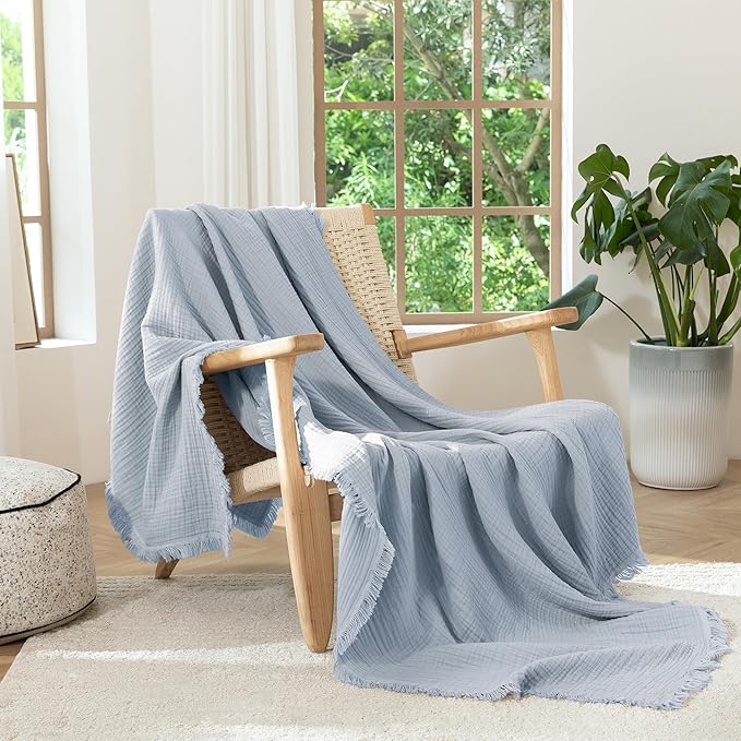 MooMee Muslin Blanket - 100% Cotton 4-Layer Gauze Throw Blanket with Tassels Ultra-Soft Breathable Lightweight Cooling for Bed Couch (Dusty Blue, Queen 90" x 90")