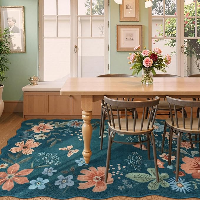 Lahome Floral Washable Rugs 8x10, Non-Slip Soft 8x10 Rugs for Living Room Bedroom, Ultra-Thin Stain Resistant Easy Clean Boho Blue Accent Carpet for Dining Room Office(8x10ft,Navy Blue)