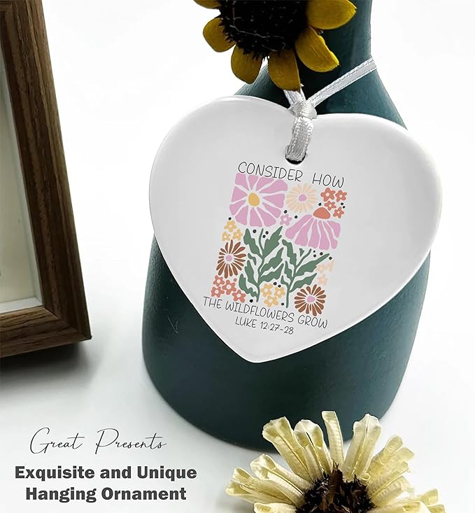 Heart Shaped Christmas Ornament-Christian Scripture Bible Verse Gift for Women Girls-Inspirational Affirmation Consider How The Wildflowers Grow Religious Ceramic Keepsake Decor
