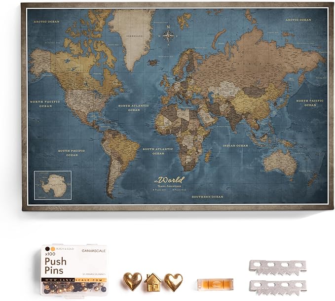 Canvas World Map with Cork Pin Board - English Lettering - Decorative Wall Decoration for All Rooms - Canvas Pictures with World Map Motif (120x80 cm, Pattern 13)
