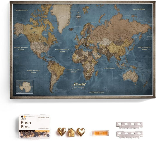 Canvas World Map with Cork Pin Board - English Lettering - Decorative Wall Decoration for All Rooms - Canvas Pictures with World Map Motif (120x80 cm, Pattern 13)