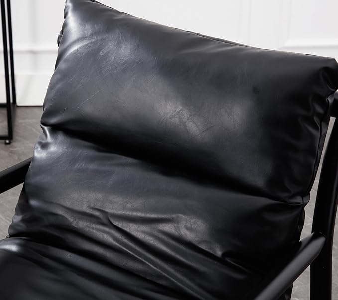 Faux Leather Accent Chair Mid Century Modern Living Room Chairs Comfy Arm Chair with Solid Wood Frame Upholstered Lounge Reading Chair Cozy Recliner for Bedroom/Guest Room, Black