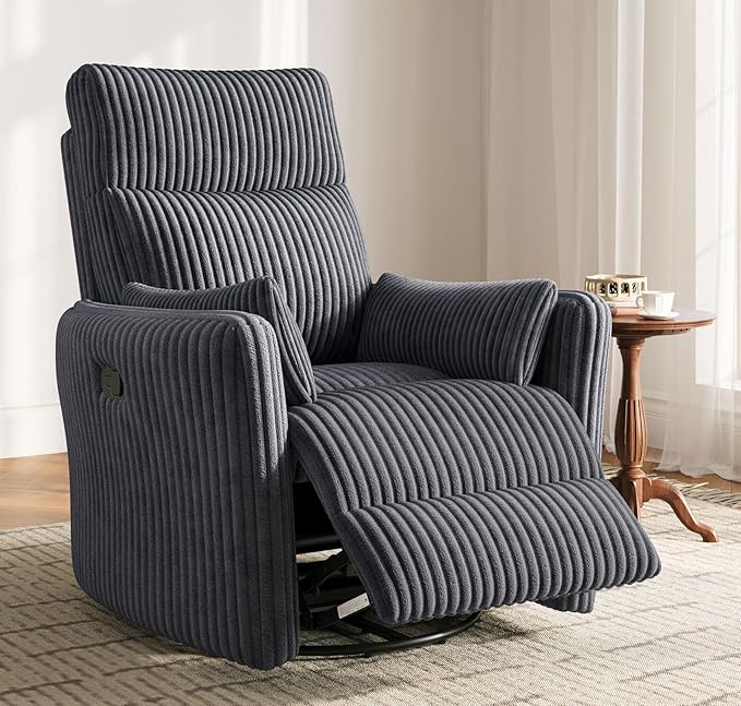 LINSY 360 Swivel Nursery Recliner - Corduroy Glider Rocking Chair with 2 Pillows, Comfy High Back Adult Recliner for Small Spaces, Nursery Bedroom Living Room Reclining Chairs, Gray