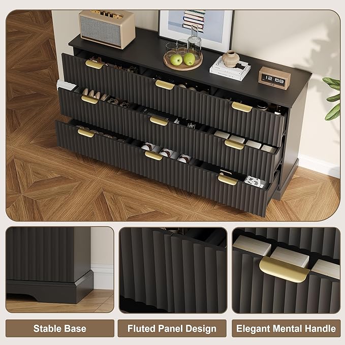 Fluted Dresser with 9 Drawers for Bedroom, 63" Wide Dresser with Metal Handle, Wooden Chest of Drawers for Bedroom, Living Room, Entryway, Black