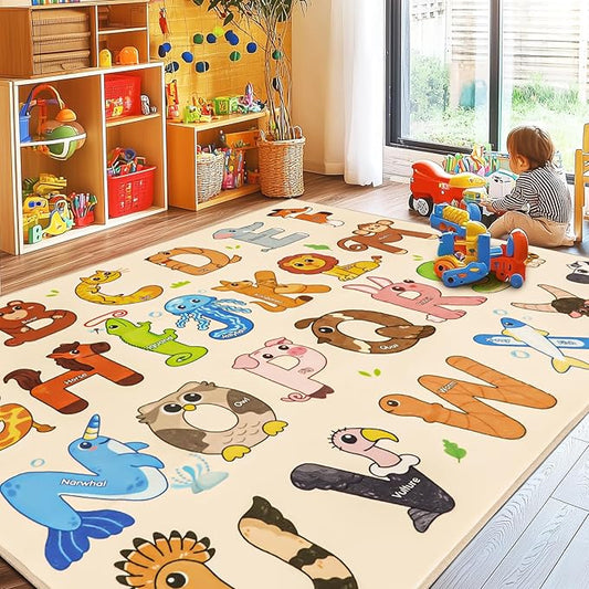 Kids Rugs for Playroom, 8x10 Feet Educational Rug for Learn The ABC Alphabet, Soft Machine Washable Non-Slip Cute Animal Carpet for Classroom Toddler Nursery Kids Room Decor Mat, Beige