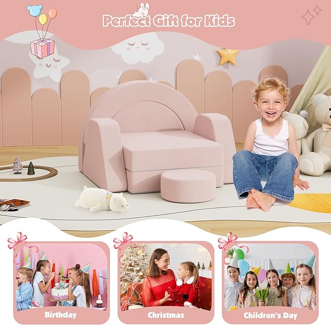 7 PCS Modular Kids Play Block Couch Child Sectional Sofa Toddler Building Fortplay Bedroom Playroom Baby Convertible Floor Foam Cushion for Boys & Girls (Pink-Single)