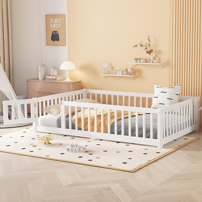Harper & Bright Designs Full Floor Bed with Safety High Fence, Wood Montessori Bed with Door, Full Size Floor Beds with Solid Wood Support Slats for Boys, Girls, Kids, White