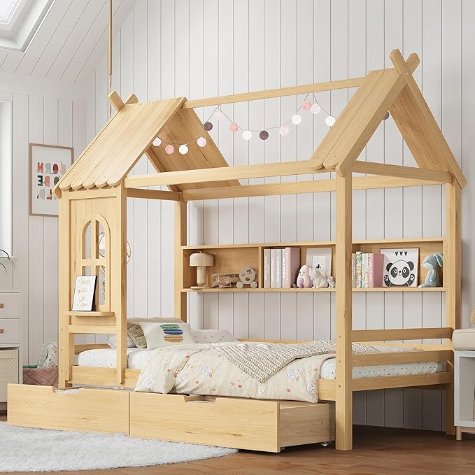 Twin House Bed with Drawers and Window, Solid Wood House Platform Bed with Shelves, Twin Bed Frame with House-shaped Roof for Kids, Boys, Girls, No Box Spring Needed and Childlike Design, Natural