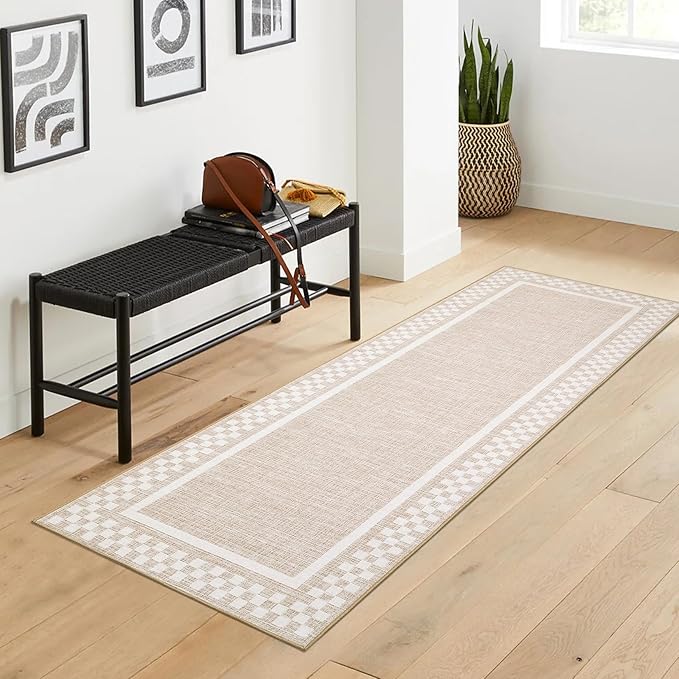 GarveeHome Kitchen Runner Rug Washable Runner Rug 2x6 for Hallway Non Slip Soft Throw Runner Carpet Modern Bordered Bathroom Mat Low Pile Checkered Runner Rugs for Bedroom Living Room Entry, Beige