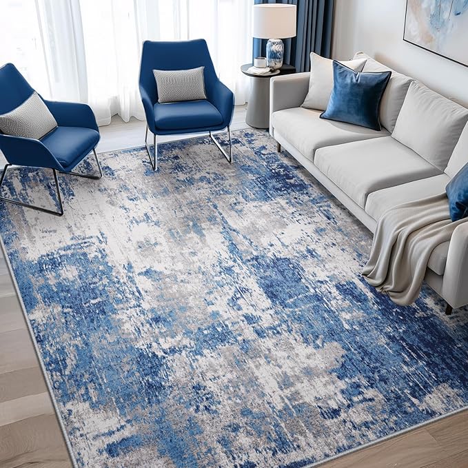Washable Area Rugs Square 7ft Non-Slip Modern Abstract Soft for Living Room Entryway Bedroom Nursery, Print Pattern, Blue Grey Navy Gray