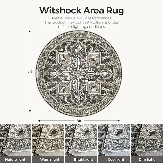 WITSHOCK Round Area Rug 8Ft: Washable Non-Slip Low Pile Large Circle Carpet, Foldable Boho Style Rug for Living Room Bedroom Dining Room Kitchen Nursery Home Office – Pet Kid Safe – Bitter Black