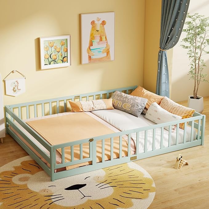 KOMFOTT Queen Size Wood Floor Bed with Door & Fence, Montessori Bed Frame with Full Length Safety Guardrails, Door & Latch, Wooden Montessori Floor Bed for Kids, Girls, Boys (Queen,Light Green)