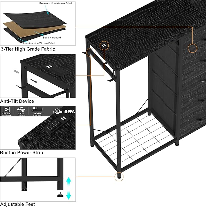 Dresser for Bedroom with Clothes Rack 5 Drawer Dresser with Charging Station LED Lights White Chest of Drawers Flexible Shelf and Open Storage Space for Bedroom Living Room (Charcoal Black)