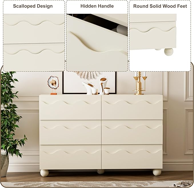 Anbuy Begie Scalloped Dresser for Bedroom with 6 Drawers, 47" Wide Modern Chest of Drawers with Hidden Handle, Wooden Dresser, Fluted Wood Closet Clothes Storage Organizer for Living Room, Hallway