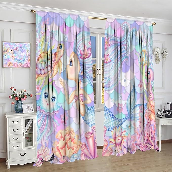 Fantasy Mermaid Curtain Dream Cartoon Marine Organisms Turtle Coral Ocean Theme Dream Blackout Window Treatment for Kids Girls Bedroom Nursery Room Decor Rod Pocket Window Drapes 55x63in