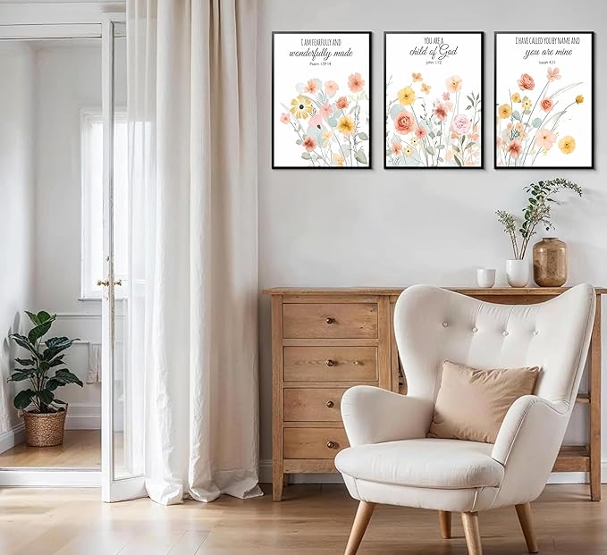 Esejchiam 3pcs Christian Floral Wall Art Wildflowers Bible Verse Canvas Wall Decor Boho Floral Paintings Prints Poster for Living Room Bedroom Home Decorations Unframed
