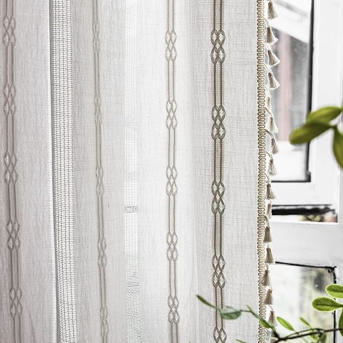 Deeprove Boho Curtain 96 Inches Long for Bedroom, Sheer Ivory Cotton Linen White Stripes Embroidery Shabby Chic Hollow Geometric, Semi Blackout Window Vintage Drape Tassels, 1 Panel W52 x L96