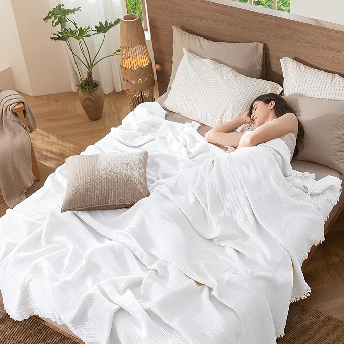 MooMee Muslin Blanket - 100% Cotton 4-Layer Gauze Throw Blanket with All-Around Fringe, Ultra-Soft Breathable Lightweight Cooling Decorative for Bed, Sofa & Couch (Bright White,Throw XL 50" x 70")