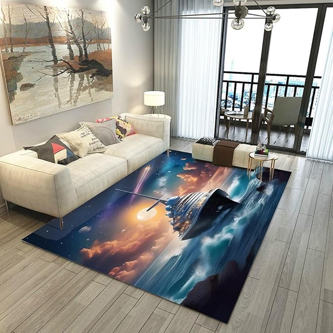 Galaxy Rug for Boys Room Nautical Ferry Boat Rugs for Kids Bedroom Cloud Ocean Space Carpet Sun Planet Printed Throw Rugs Doormat Living Room,31 in X 47 in
