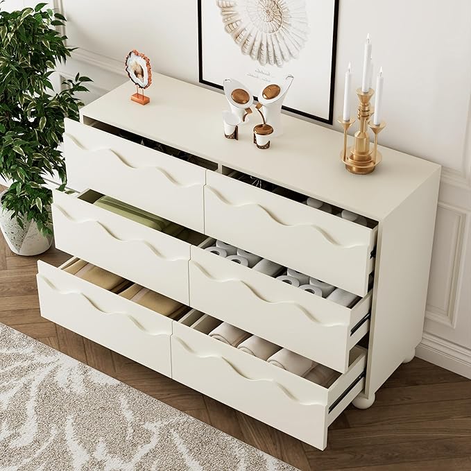 Anbuy Begie Scalloped Dresser for Bedroom with 6 Drawers, 47" Wide Modern Chest of Drawers with Hidden Handle, Wooden Dresser, Fluted Wood Closet Clothes Storage Organizer for Living Room, Hallway
