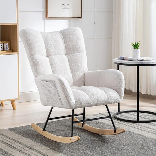 Nursery Rocking Chair Teddy Upholstered Glider Rocker Rocking Accent Chair with High Backrest Armchair Comfy Side Chair for Living Room, Bedroom, Offices (White)