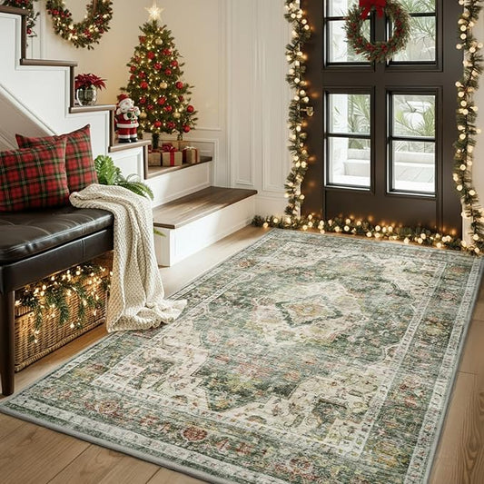 AMOAMI-3X5 Area Rug-Soft Washable Vintage Throw Accent Rugs for Living Room, Entryway, Bedroom, Kitchen, Bathroom, Laundry Room, Kitchen, Bathroom, Bedside, No Slip Green