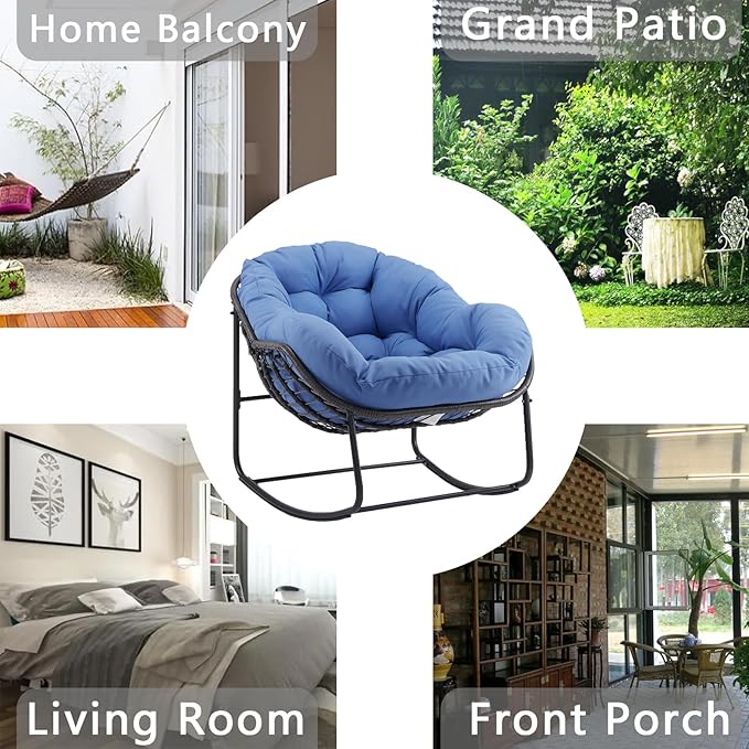 Oversized Outdoor Papasan Rocking Chair with Soft Cushion, Comfy Patio Egg Chair, Wicker Lounge Rocker for Balcony/Porch/Garden, Reinforced All Weather Rattan Frame, 330 lbs Support, Royal Blue