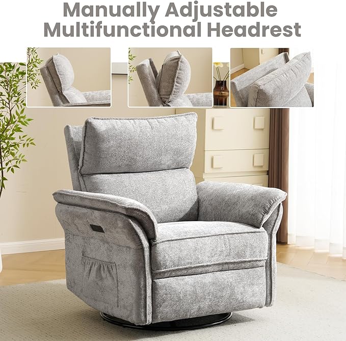 Oversized Power Recliner Chair Swivel Glider with Massage and Heat, Rocker Nursery Recliner for Adults with Adjustable Headrest, 26" Extra Wide Nursery Chair with Overstuffed Armrest,Light Grey