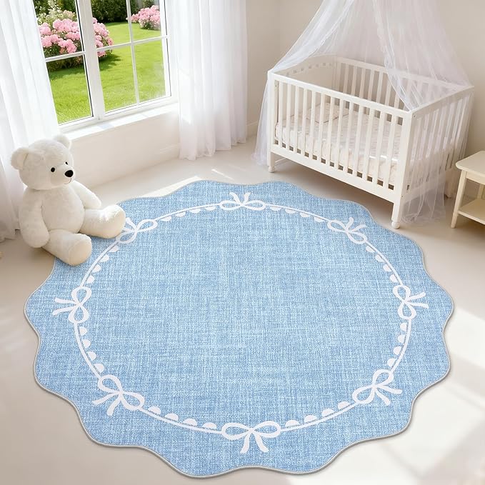 GarveeHome Scalloped Bow Rug for Living Room, 4ft Round Rugs Washable Solid Blue Rug for Dorm Soft Low Pile Non Slip Scalloped Rugs for Nursery Bedroom Decor Kids Room Playroom