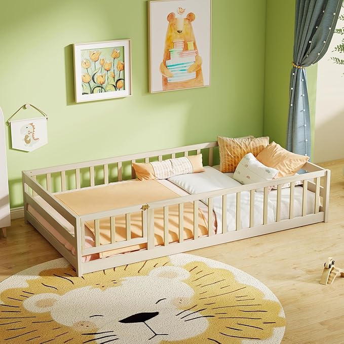 KOMFOTT Twin Size Wood Floor Bed with Door & Fence, Montessori Bed Frame with Full Length Safety Guardrails, Door & Latch, Wooden Montessori Floor Bed for Kids, Girls, Boys (Natural, Twin)