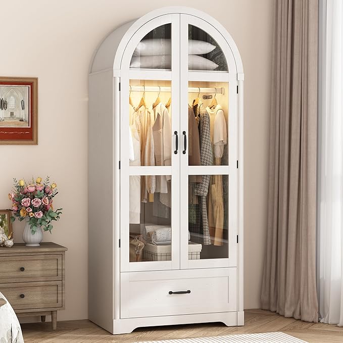 2 Doors Arched Armoire Wardrobe Closet w/Drawers,LED Light,Wooden Closet Wardrobe Cabinet with Hanging Rod for Bedroom,Modern Armoire Storage Cabinet w/Shelf,Antique White